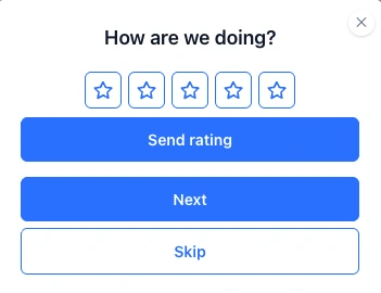 Web popup with a Rating block using a five-star scale, Send rating button, and Next and Skip actions