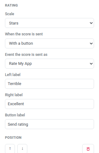 Rating Settings tab showing Scale, When the score is sent, Event, Left and Right labels, Button label, and Position controls