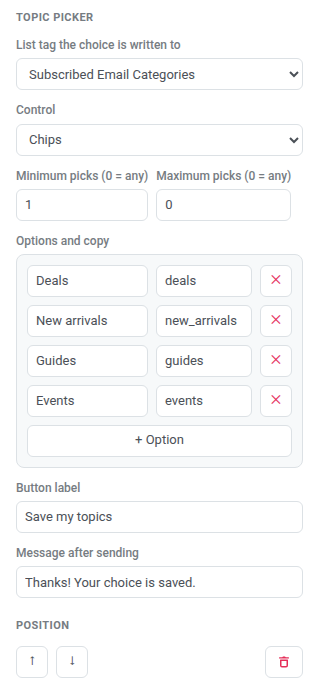 Topic picker Settings tab showing List tag, Control, Minimum and Maximum picks, Options, Button label, Message after sending, and Position