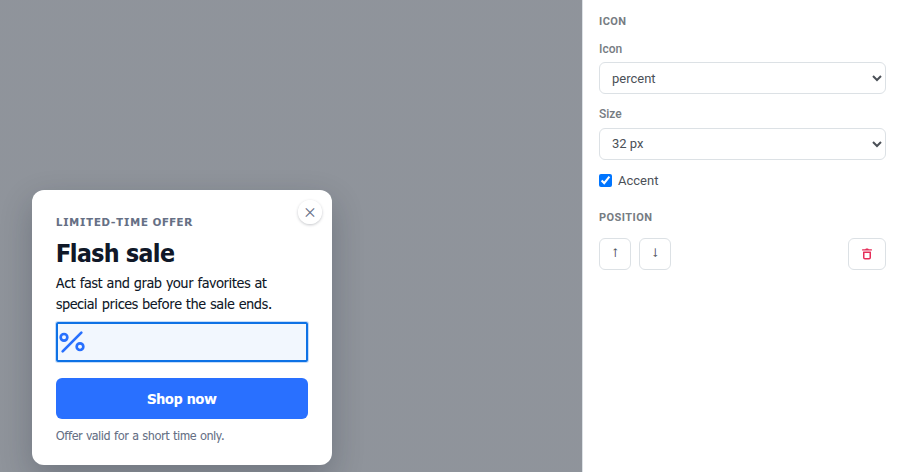 Icon block on the Web popup canvas next to text, with Icon Settings showing icon picker, Size, and Accent