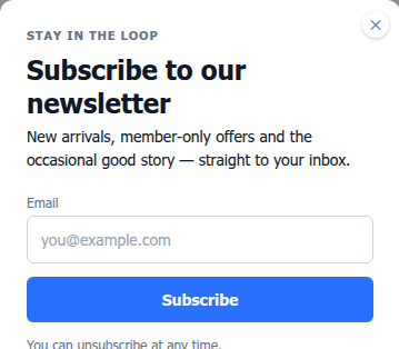 Web popup on the canvas with a Subscription form block showing an Email field and Subscribe button