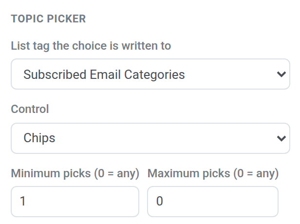 主题选择器设置，显示 Subscribed Email Categories 列表标签、Chips 控件以及最小和最大选择数