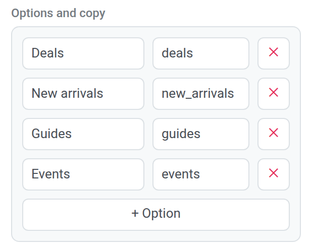 Options and copy 列表，包含四个选项及其标签值，以及 + Option 按钮