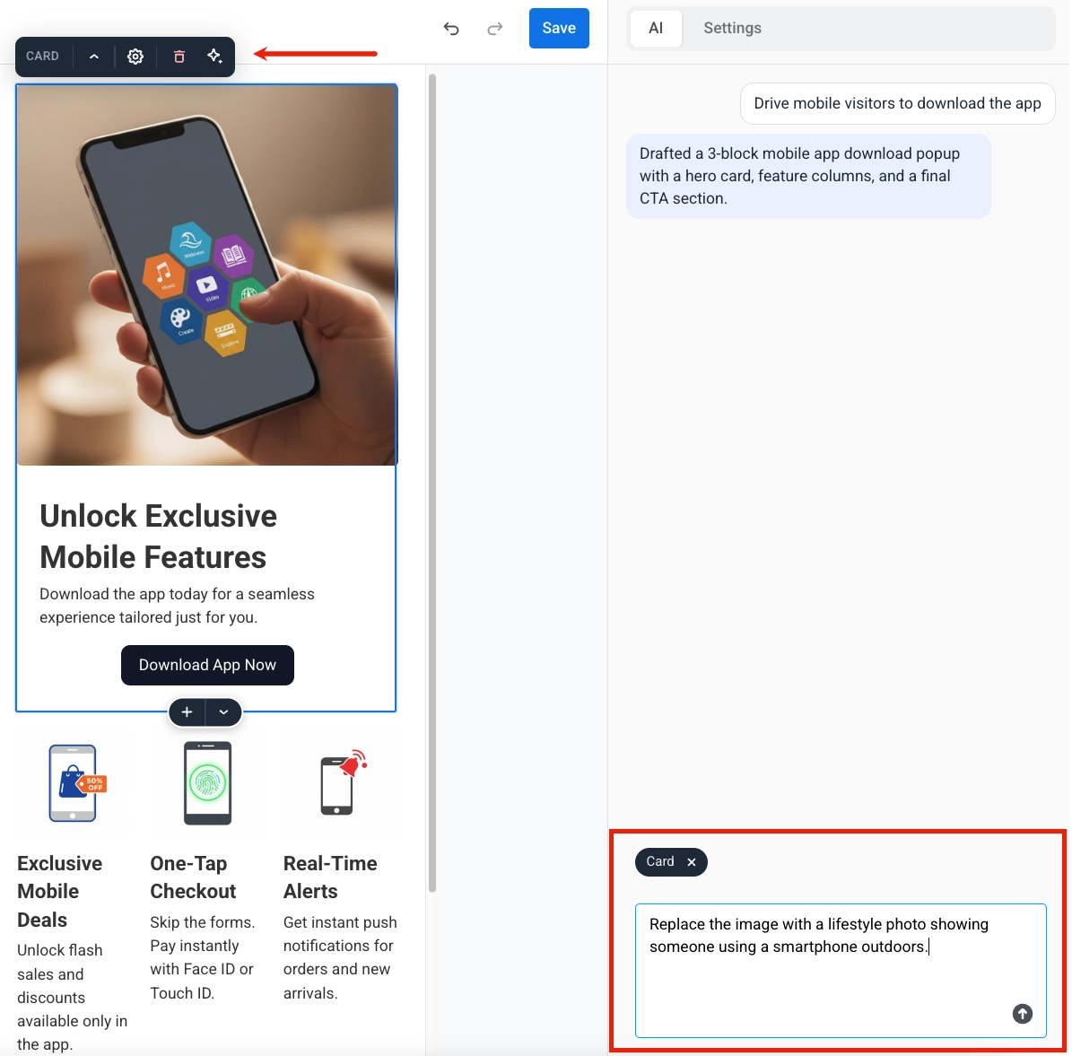 Selected Web popup block with prompt editing field showing the block name and prompt input