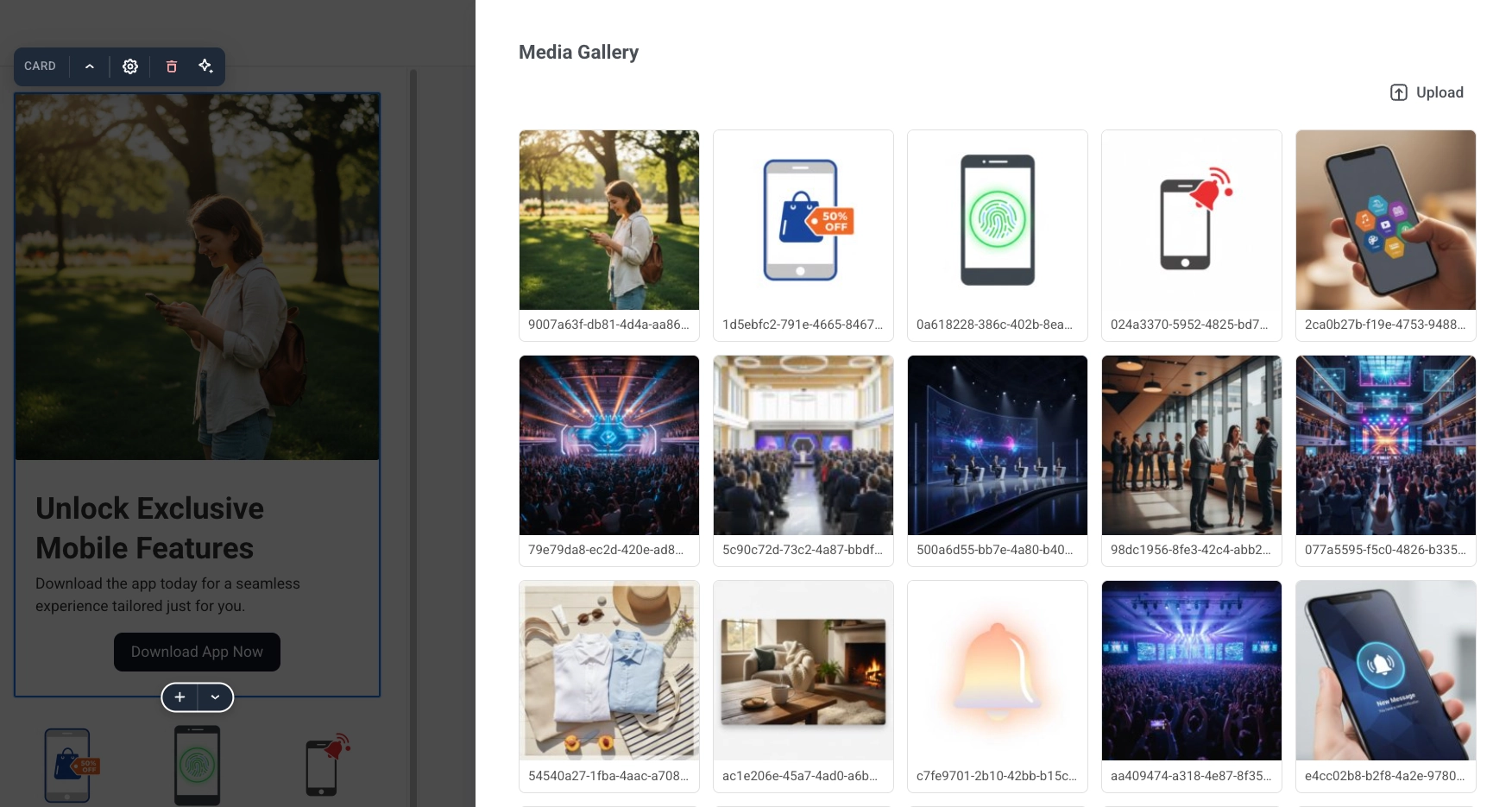 Web popup editor with a selected block and settings panel for layout, image, spacing, and styles