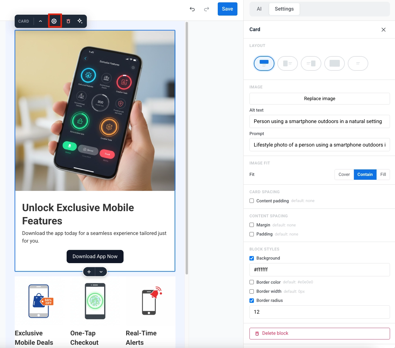Selected Web popup block with settings panel showing layout, image, spacing, and block style controls