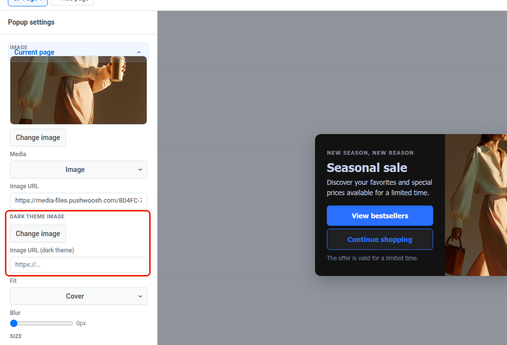 Image block settings with a Dark theme image row below the light Image URL field