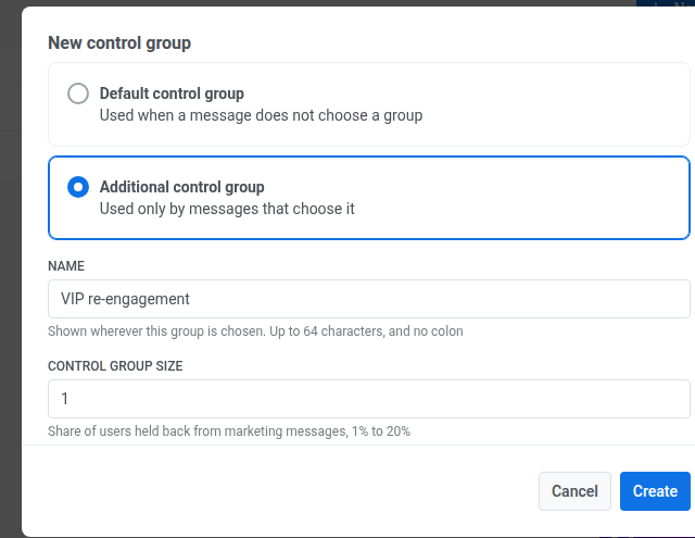 New control group dialog with Additional control group selected, a name, and a size field