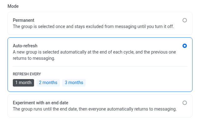 Mode options in the New control group dialog