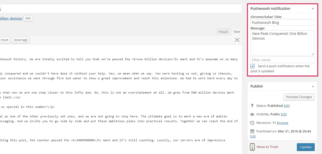 Seção de notificação Pushwoosh no editor de postagens do WordPress