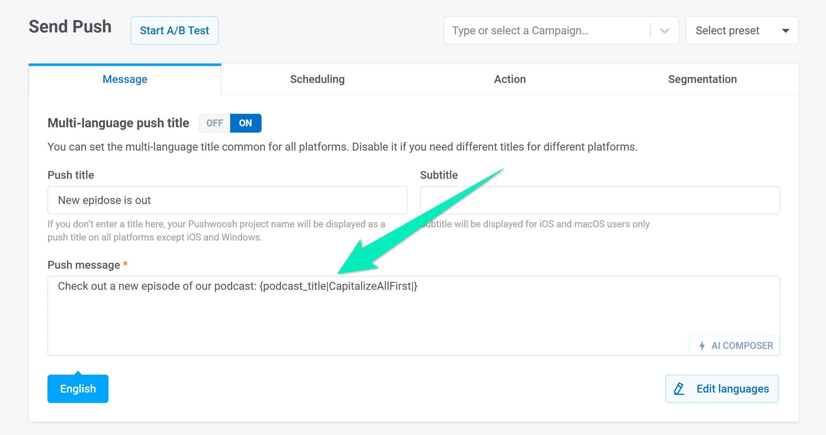 पुश प्रीसेट एडिटर जो संदेश सामग्री में प्रारूप संशोधक के साथ प्लेसहोल्डर सिंटैक्स उदाहरण दिखा रहा है