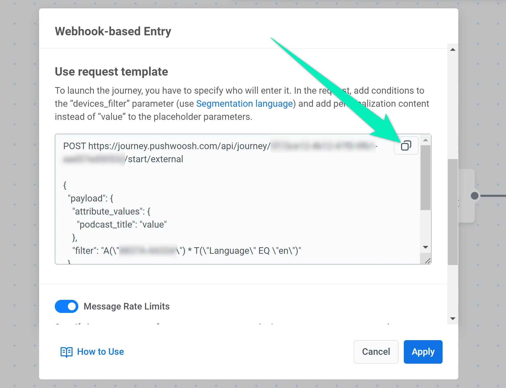 API-आधारित एंट्री कॉन्फ़िगरेशन विंडो जो प्राधिकरण हेडर प्रारूप के साथ API अनुरोध टेम्पलेट प्रदर्शित कर रही है