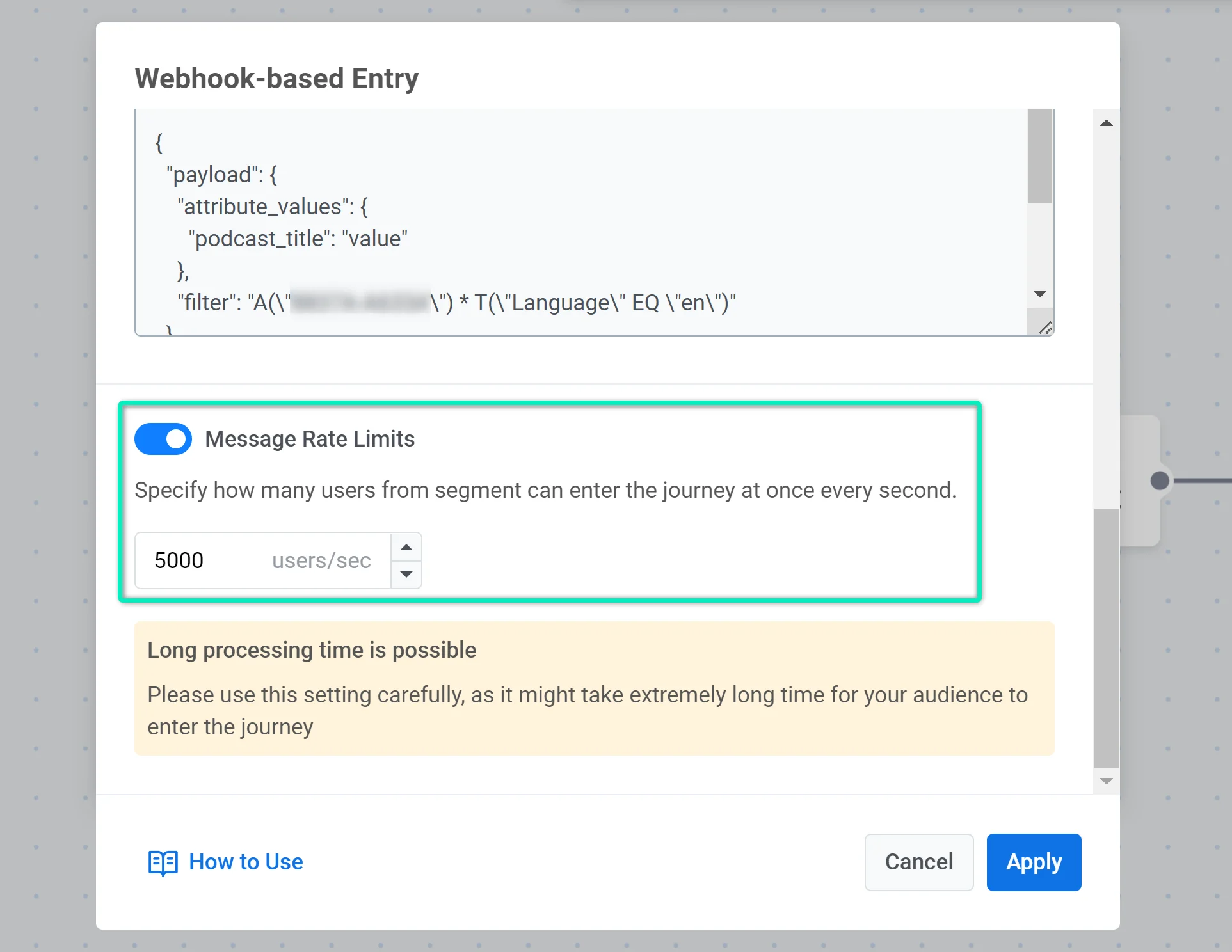 API-आधारित एंट्री कॉन्फ़िगरेशन जो 5000 उपयोगकर्ता प्रति सेकंड के डिफ़ॉल्ट मान के साथ Message Rate Limits विकल्प दिखा रहा है