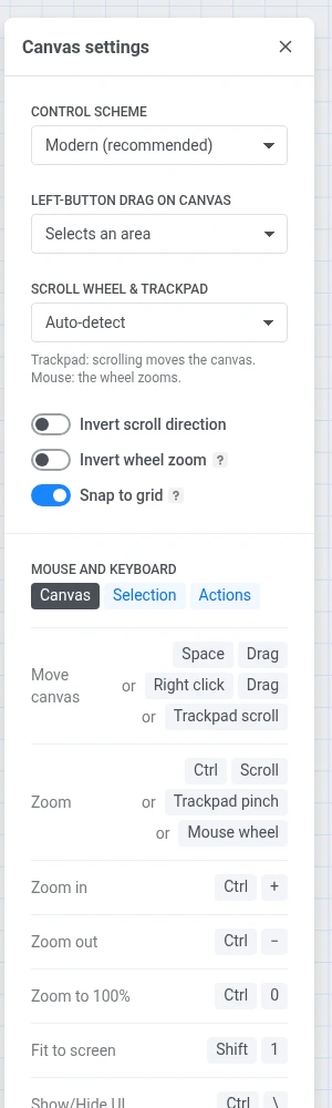 Canvas settings panel with control scheme, drag mode, wheel mode, and invert toggles