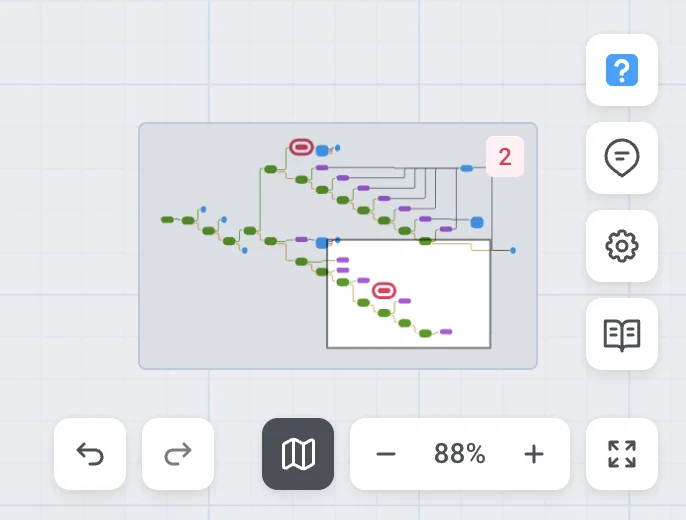 Minimap on a larger, branching journey with two unconfigured steps ringed in red