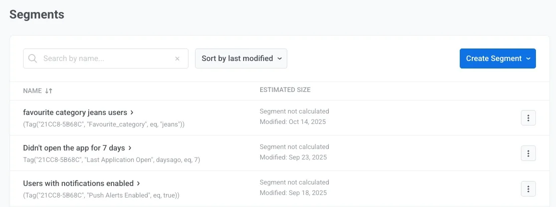 Pushwoosh 中的细分列表,显示筛选器和标准