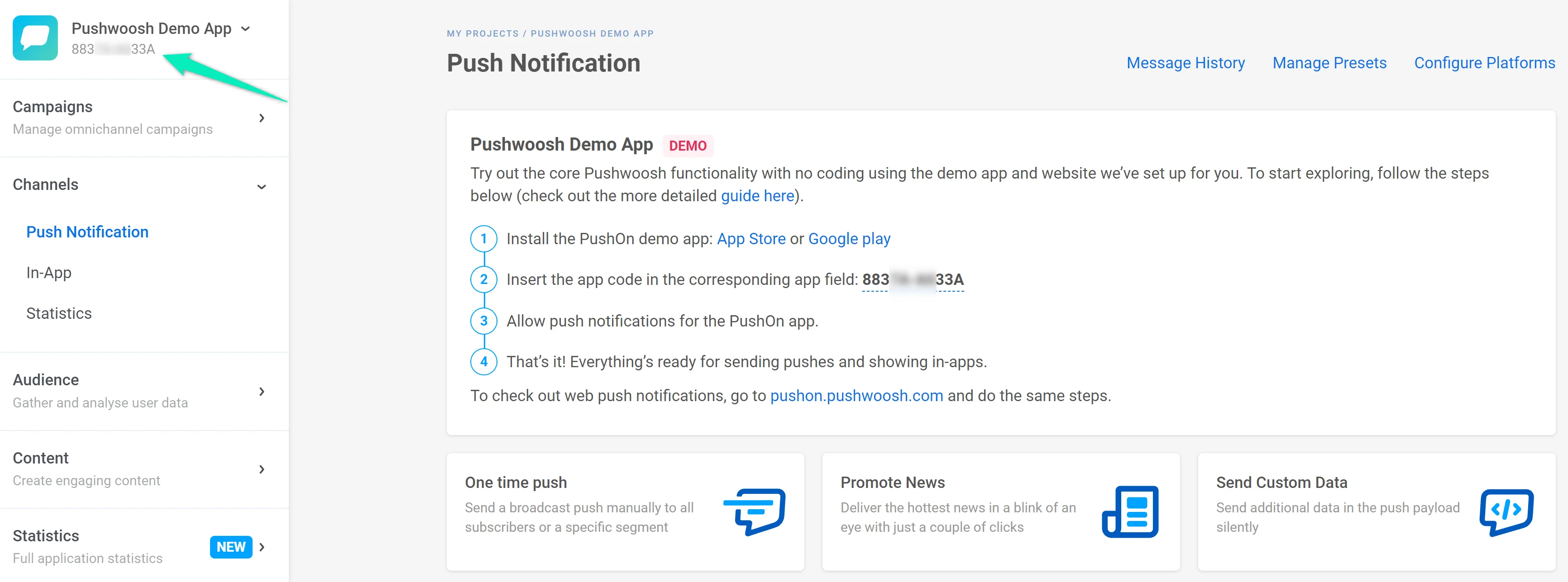 Painel de Controle da Pushwoosh mostrando o código do aplicativo no Aplicativo de Demonstração