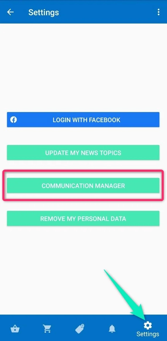 Tela de Configurações do aplicativo Push On com o Gerenciador de comunicação