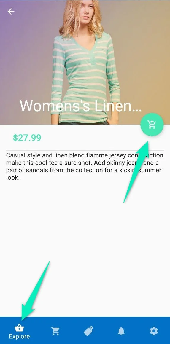 Seção Explorar do aplicativo Push On adicionando um item ao carrinho
