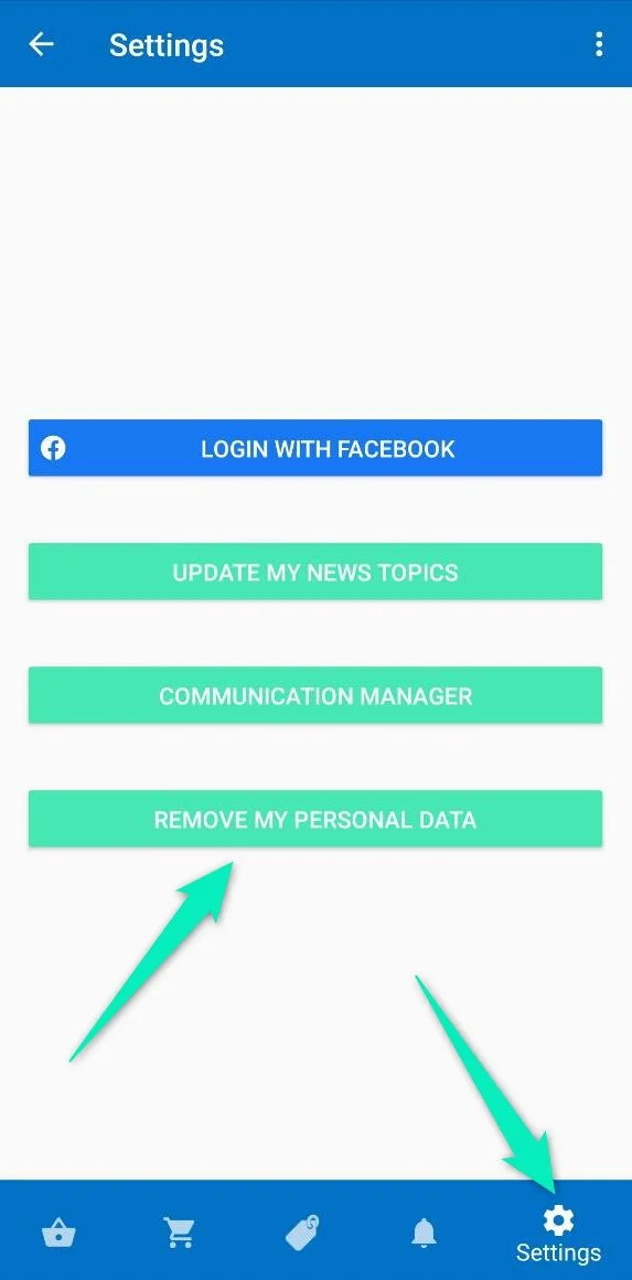 Tela de Configurações do aplicativo Push On com a opção Remover meus dados pessoais