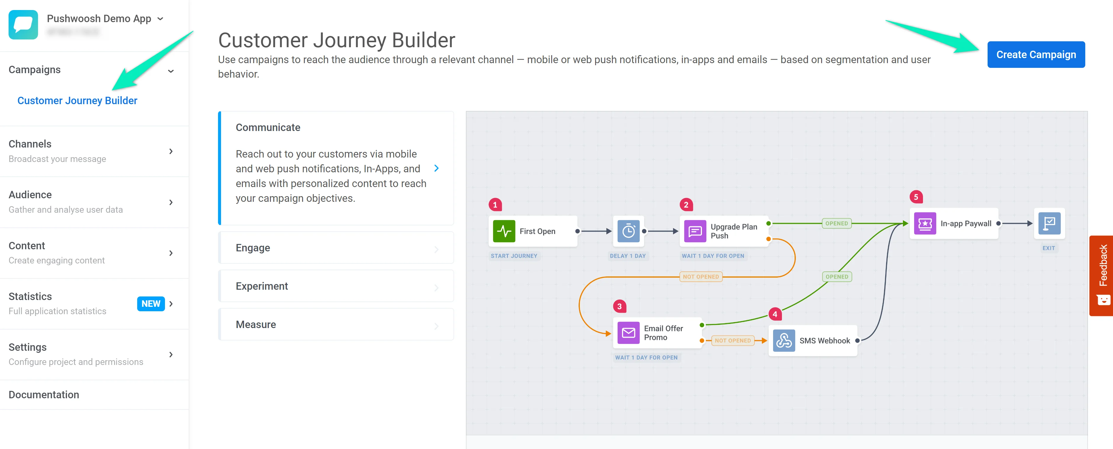 Customer Journey Builder com a opção Criar Campanha no Aplicativo de Demonstração Pushwoosh