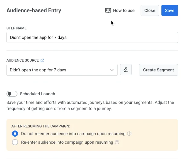 选择 Journey 恢复时如何处理受众