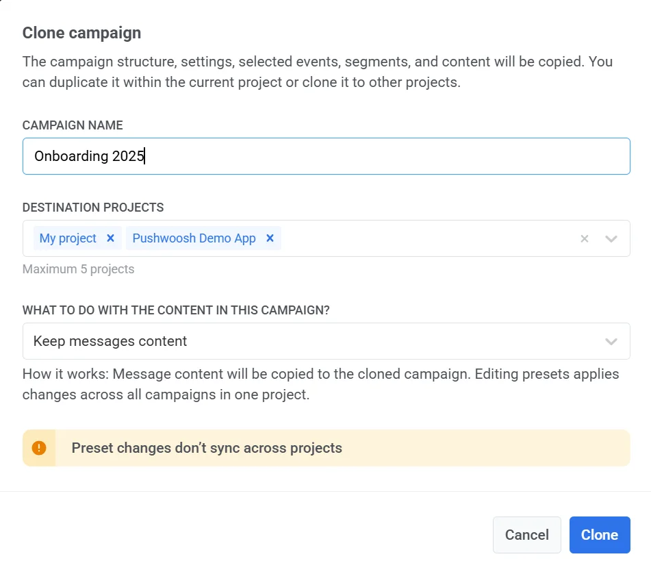 克隆营销活动设置对话框,包含目标项目和内容选项