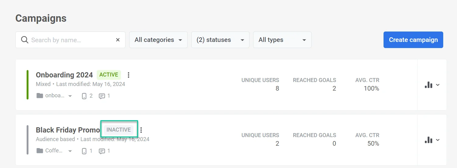 列表中标记为非活动的营销活动