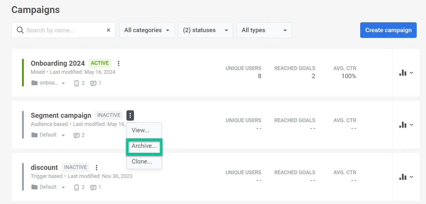 归档营销活动选项