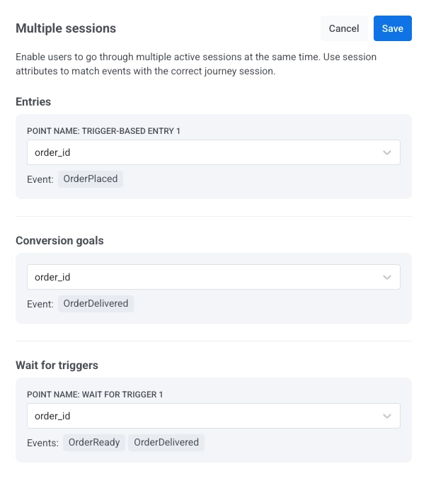 Multiple sessions settings drawer showing session-matching attributes for entry points, trigger steps, and conversion goals