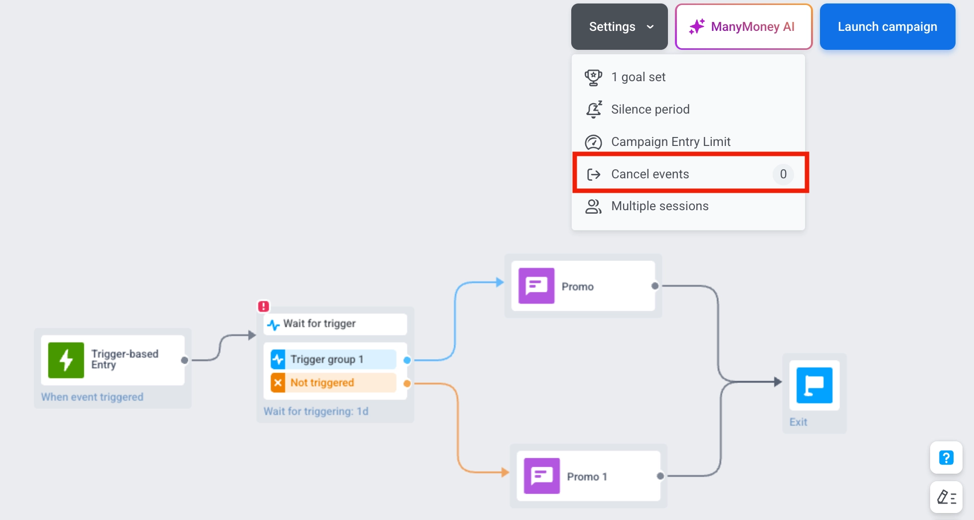 Página de configurações de eventos de cancelamento mostrando menu suspenso de eventos e opções de configuração