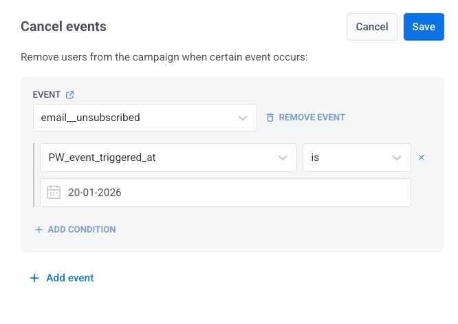 Configuração de evento de cancelamento com evento selecionado, condições adicionadas e botão Salvar