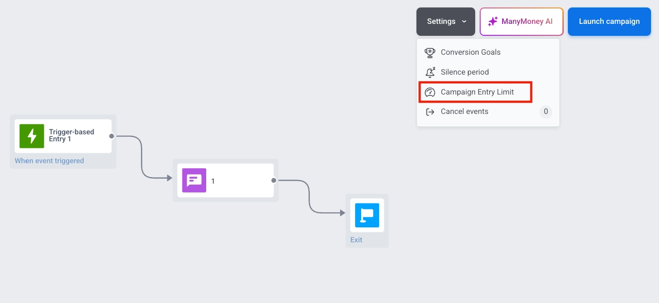 Menu suspenso de Configurações com a opção Limite de Entrada na Campanha destacada