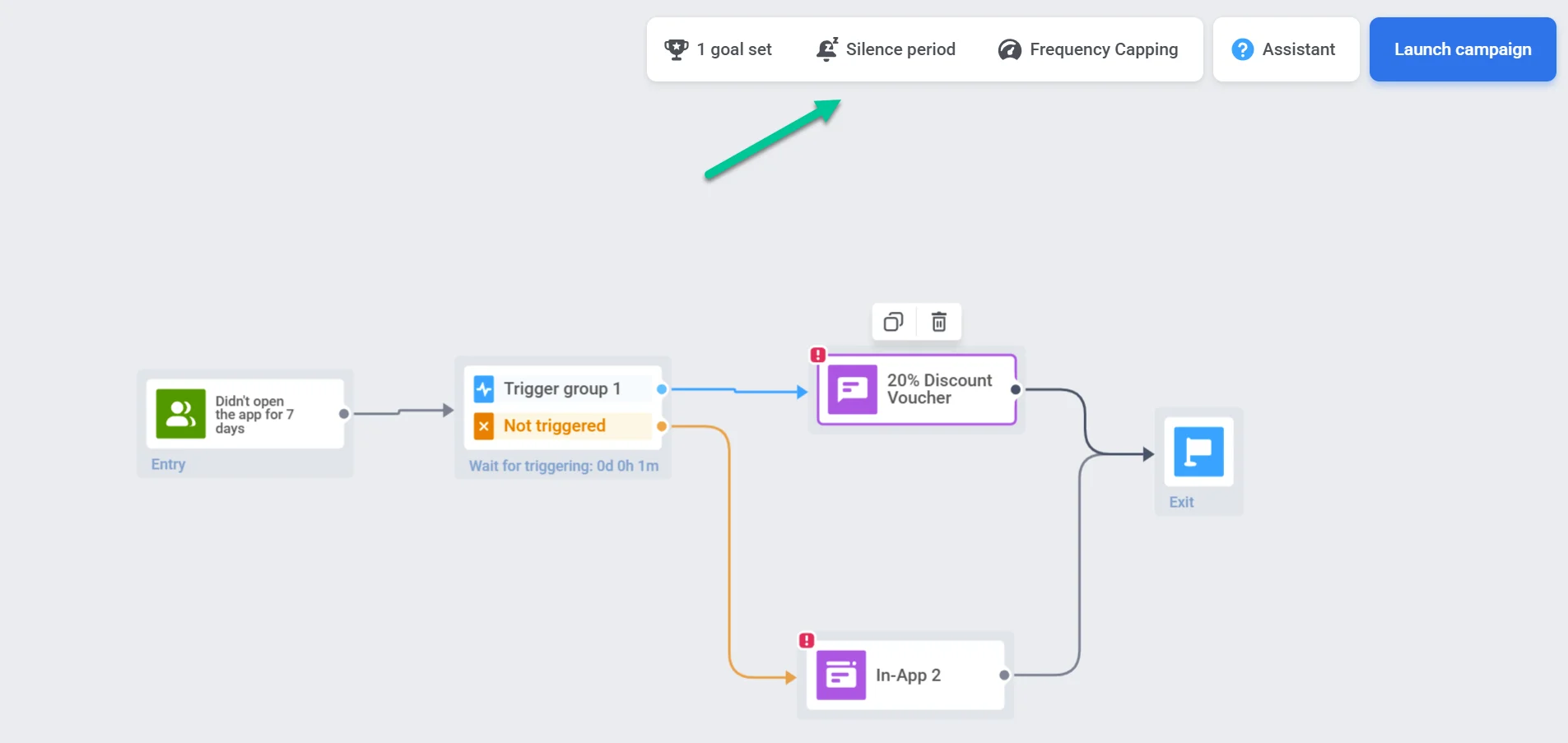 Journey 画布上的静默期按钮