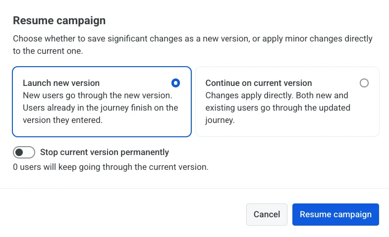 Resume campaign dialog with Launch new version selected and Stop current version permanently toggle
