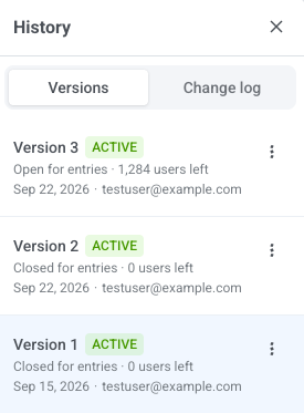 History drawer open on the journey canvas with the Versions tab selected next to Change log