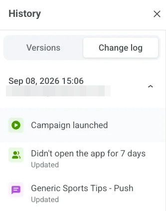 History drawer Change log tab with expanded entry listing campaign and element updates