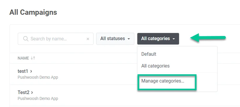 类别下拉菜单,显示用于组织 Customer Journey 的 All categories 选项和 Manage categories 选项