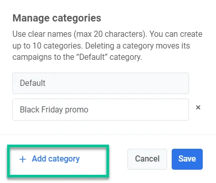 添加类别对话框窗口,其中包含用于创建新的自定义 Journey 类别的输入字段,限制为 20 个字符