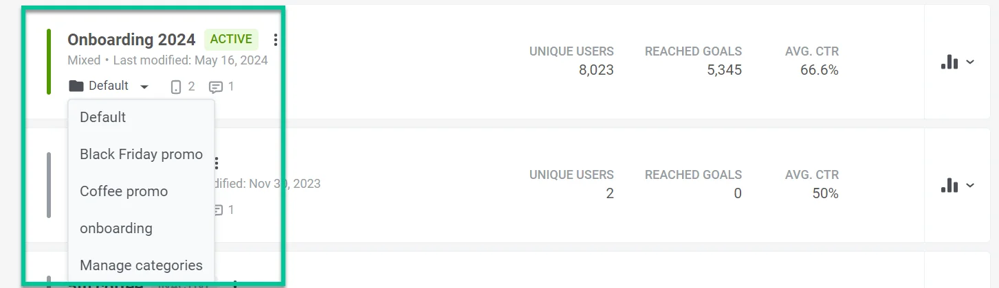 类别分配下拉菜单,显示用于 Journey 组织的 Default 类别选项和 Manage categories 选项