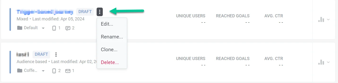 Journey 操作菜单,提供打开、重命名、复制、停用或删除 Customer Journey 营销活动的选项