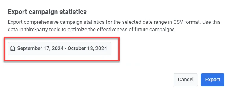 用于导出营销活动统计数据的日期范围选择对话框