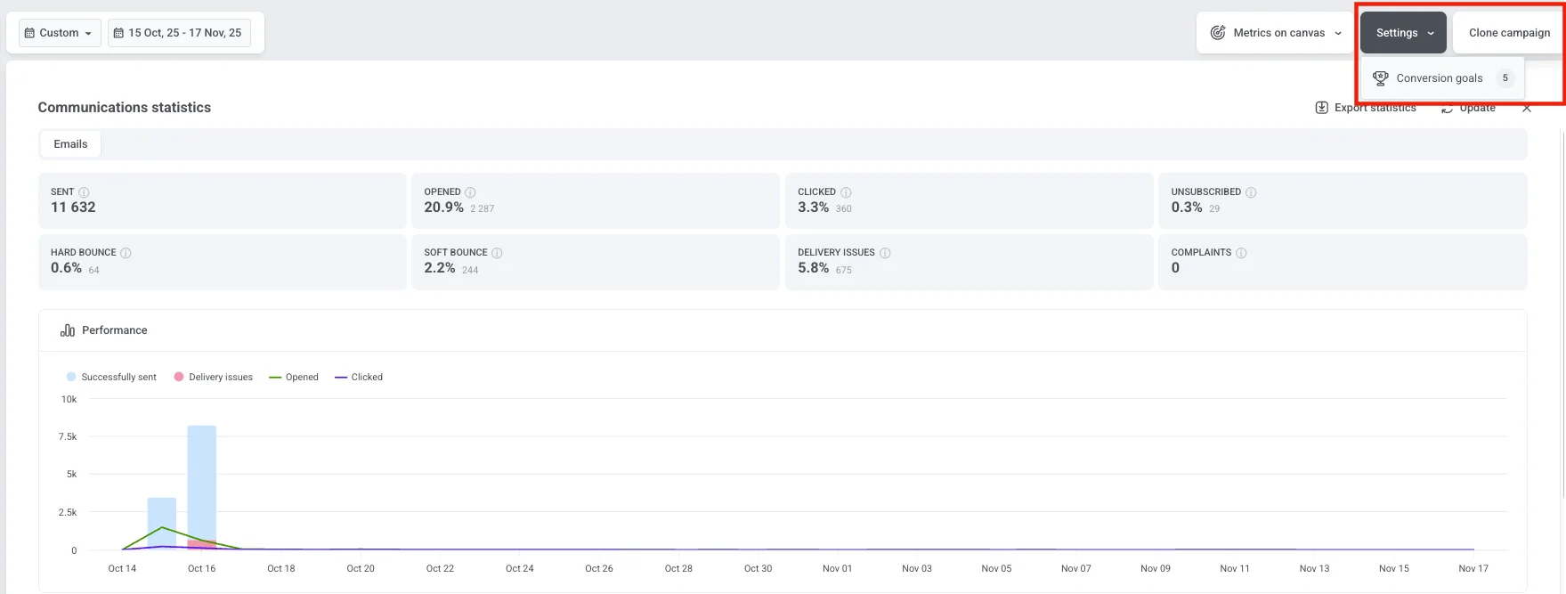 营销活动设置中突出显示的转化目标按钮