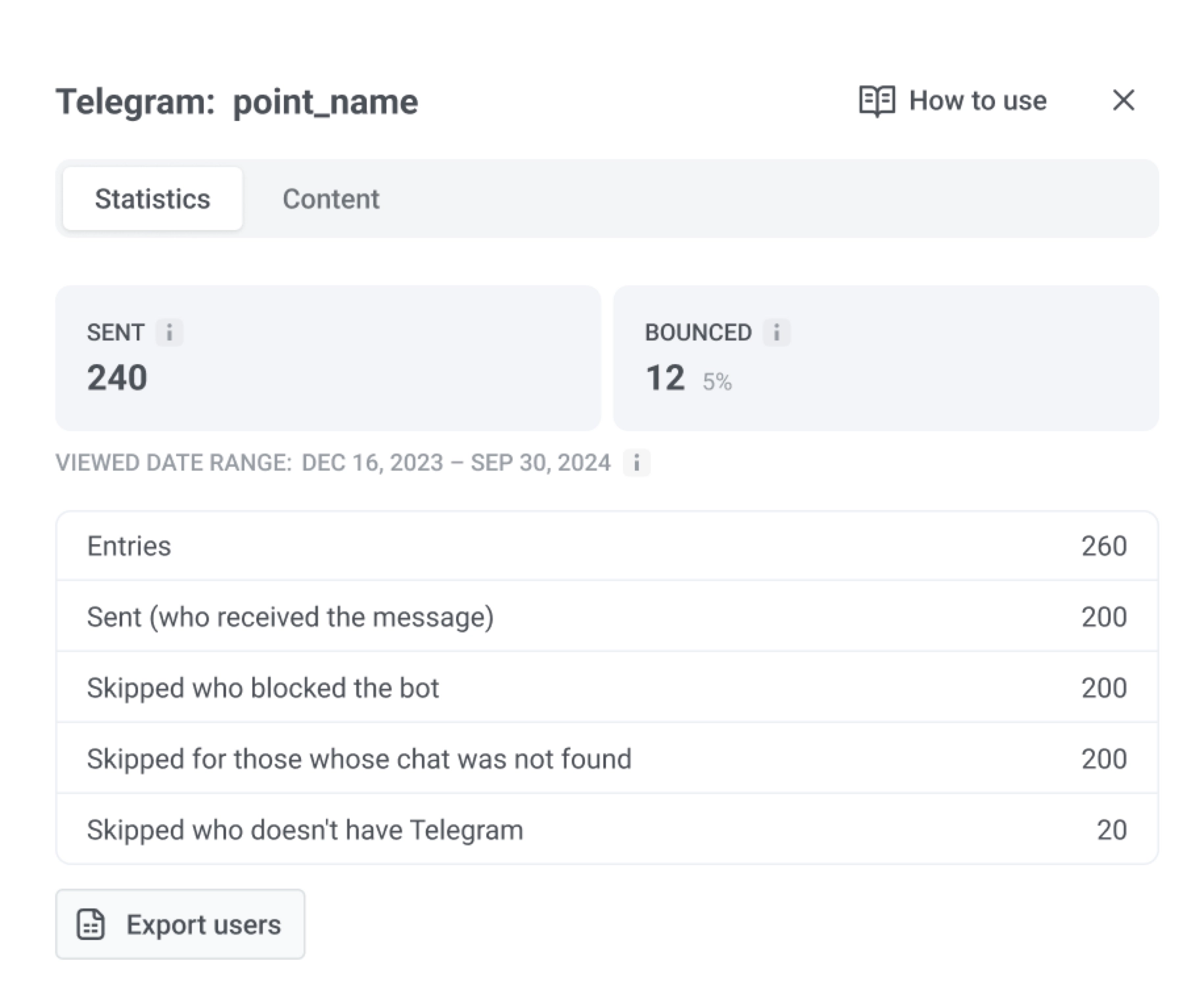 Telegram element Statistics tab with Sent, Bounced, skipped metrics, and Export users.
