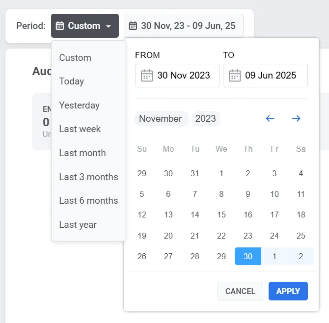时间段下拉筛选器,显示今天、昨天、7 天、30 天和自定义日期范围选择选项