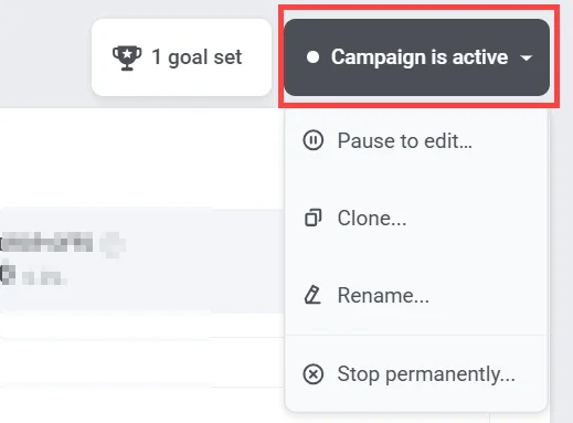 营销活动状态下拉菜单,包含暂停、克隆、重命名或永久停止营销活动的选项