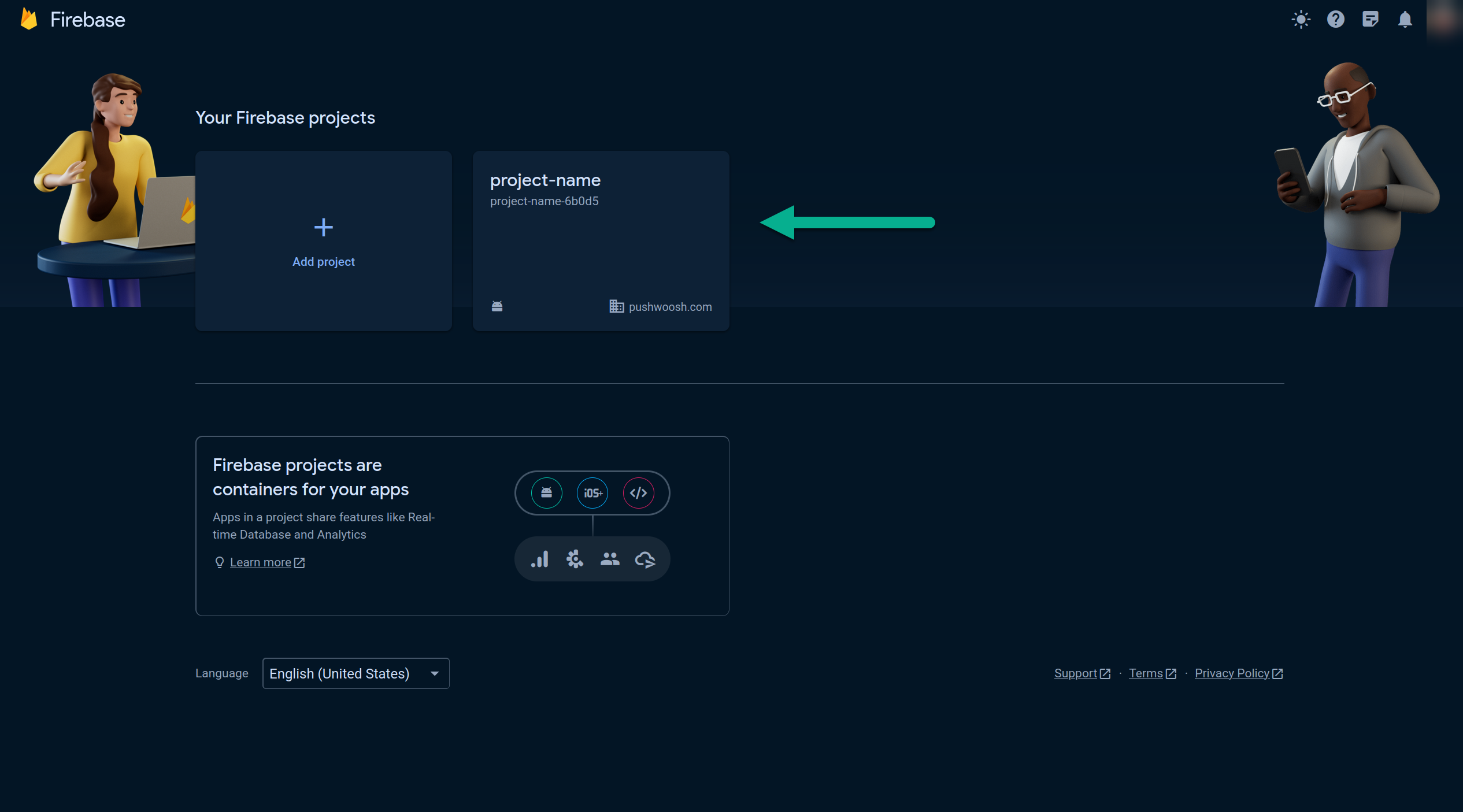 Choosing a project in the Firebase Console