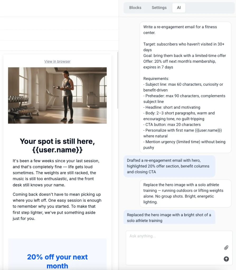 AI tab in the email editor with a chat prompt and the generated re-engagement email on the canvas