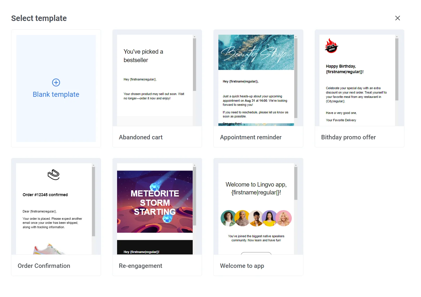 Pushwoosh 편집기에서 이메일 템플릿 선택