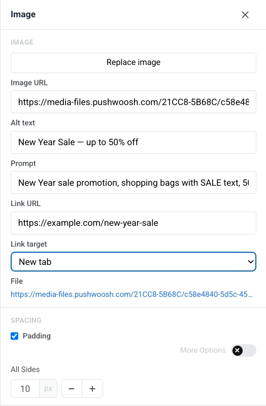 แผงการตั้งค่ารูปภาพพร้อม Replace image, Image URL, Alt text, Link URL, Link target, File, และ Padding